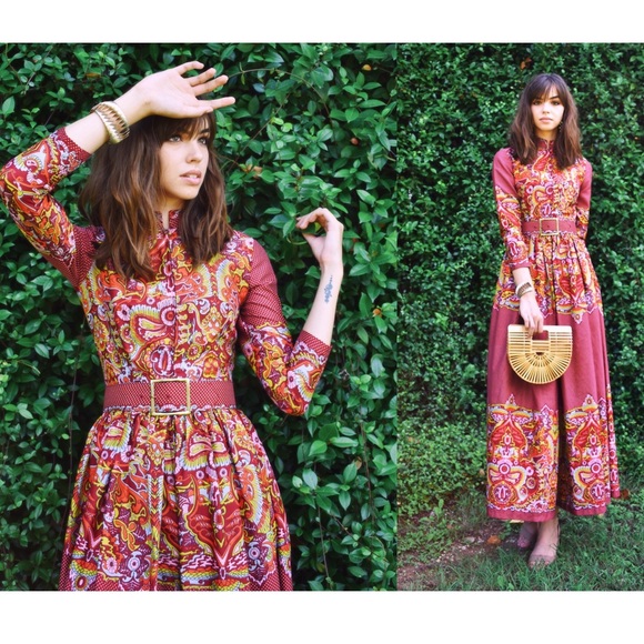 Vintage Pants - Vintage 1970's Maroon Polka Dot & Floral Jumpsuit